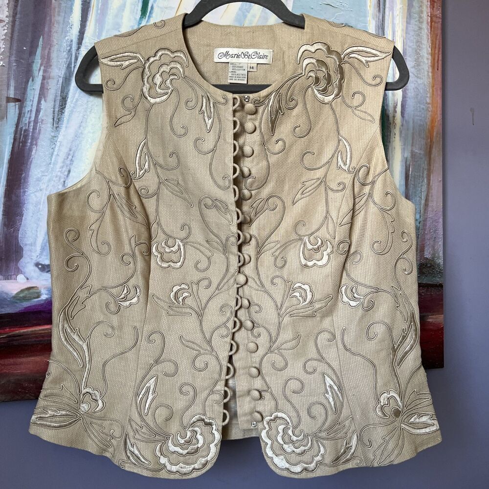 Marie St. Claire  14/L Vest Embellished Beige Floral Vintage 90s/EXCELLENT